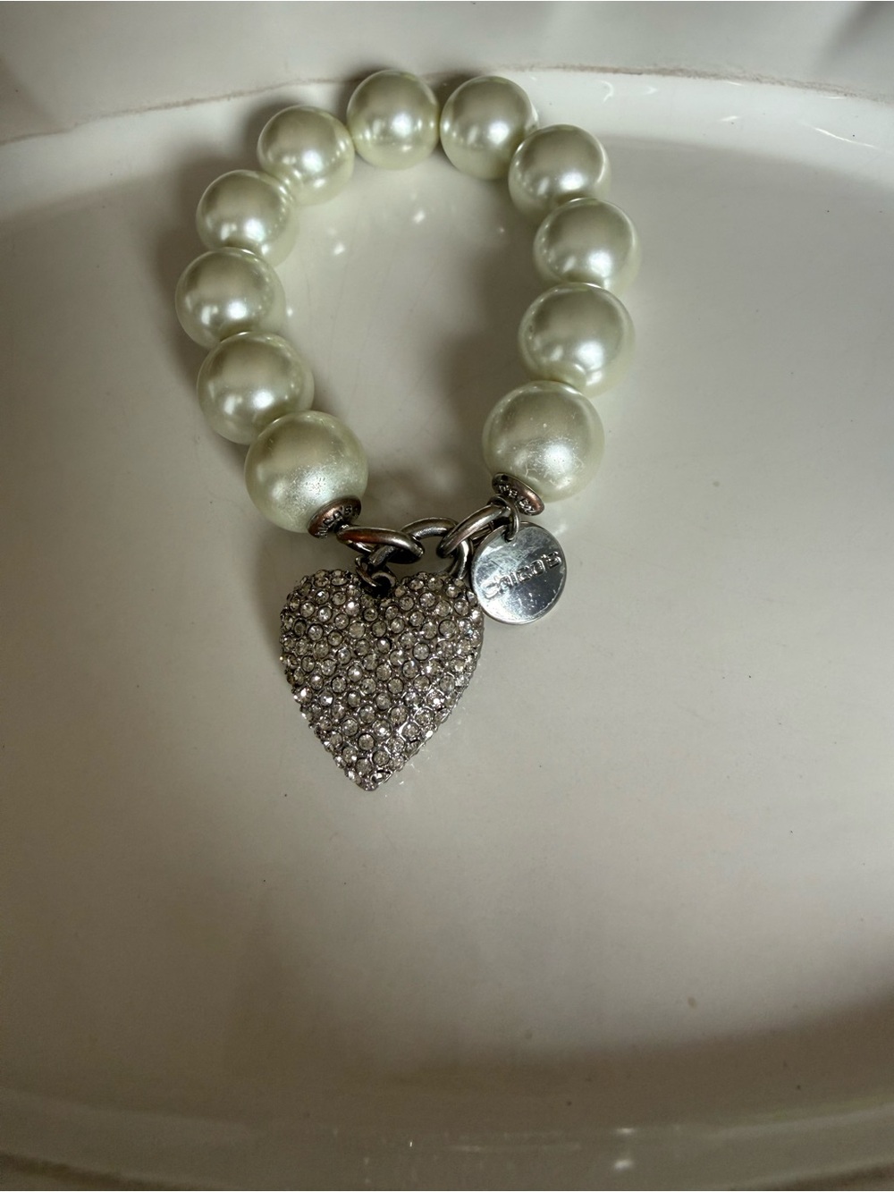Chico's Pearl Bead Bracelet with Pave Crystal Heart Charm - White